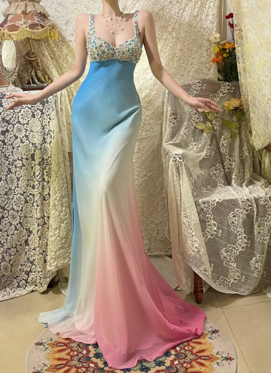 Unique Spaghetti Straps Ombre Chiffon Beaded Mermaid Long Evening Dress Birthday Prom Gown D2140