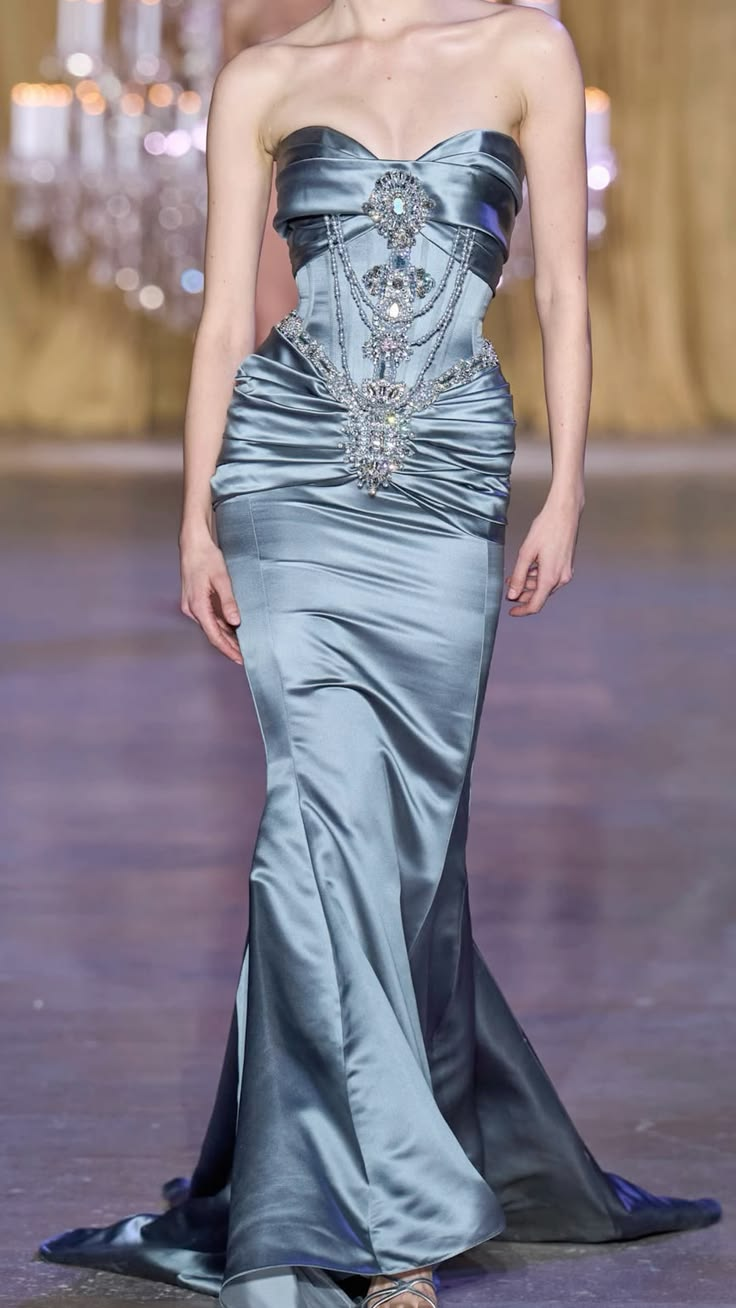 Elegant Sweetheart Neck Blue Satin Beaded Mermaid Long Evening Dress Birthday Prom Dresses D4808
