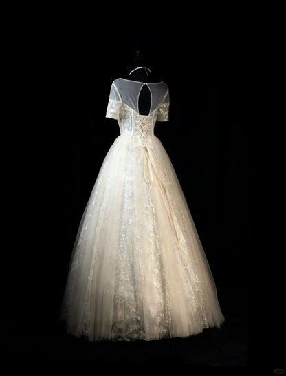 Gorgeous Gold Tulle Lace Embroidery Beaded A Line Long Birthday Prom Dress Evening Gown D2508