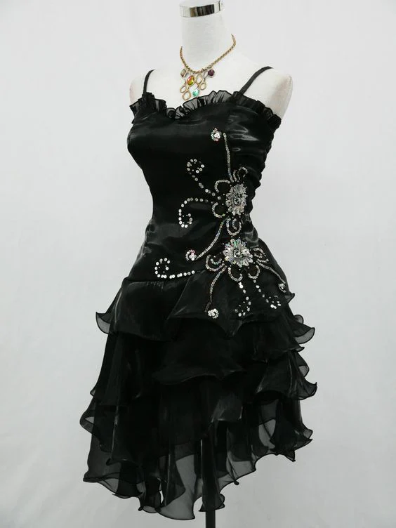 Vintage Black Chiffon Beaded Short Prom Dress Formal 8th Grade Homecoming Dress S849