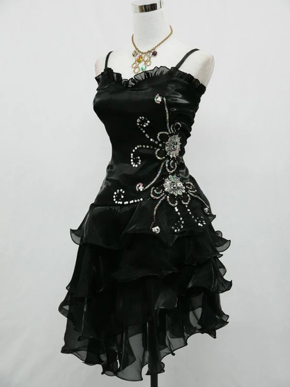 Vintage Black Chiffon Beaded Short Prom Dress Formal 8th Grade Homecoming Dress S849