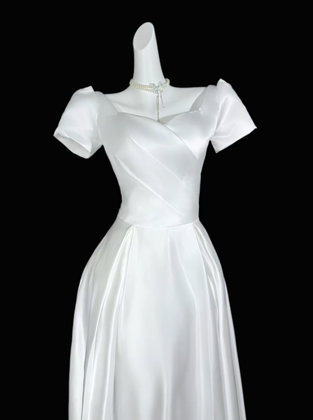 Elegant White Satin A Line Long Party Dress Birthday Prom Dresses D4163