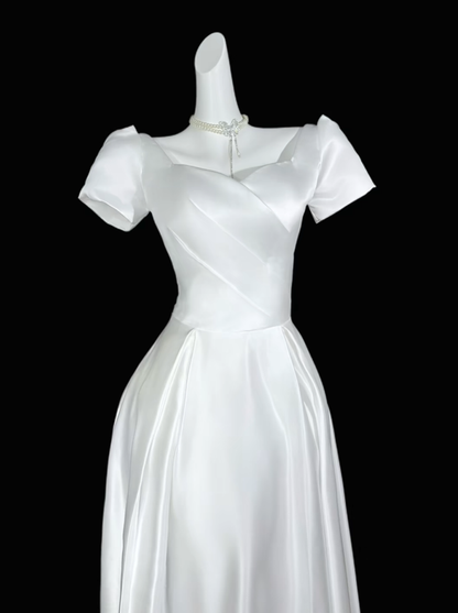 Elegant White Satin A Line Long Party Dress Birthday Prom Dresses D4163