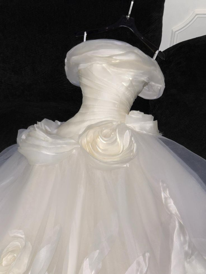 Cute Off White Organza 3D Flowers Ball Gown Long Wedding Dress  D1340