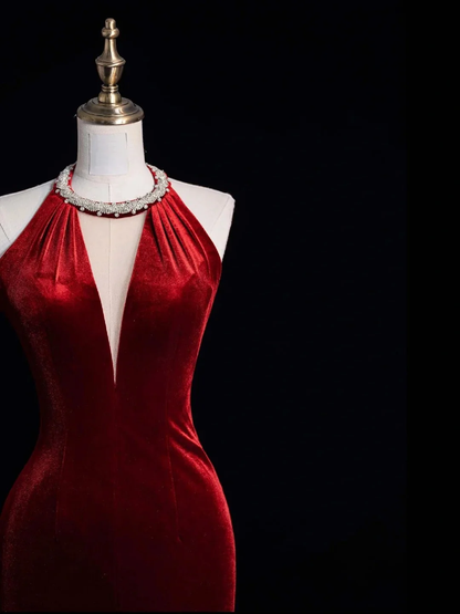 Vintage Halter Burgundy Velvet Mermaid Long Party Dress Birthday Prom Dress With Tassels D4850