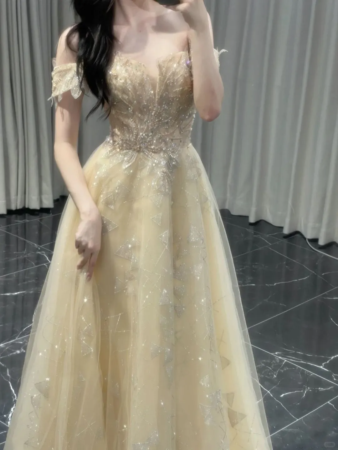 Sweet Off The Shoulder Tulle Sequin Beaded A Line Long Evening Dress Yellow Birthday Dress D2496