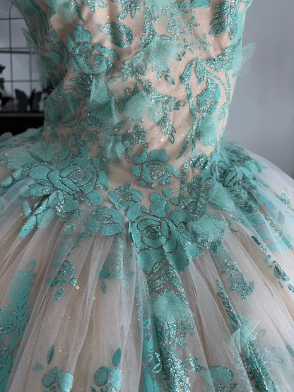 Charming Mint Green Tulle Lace Sequin Floral Sweet 16 Dress Off The Shoulder Birthday Quinceanera Dress D4706