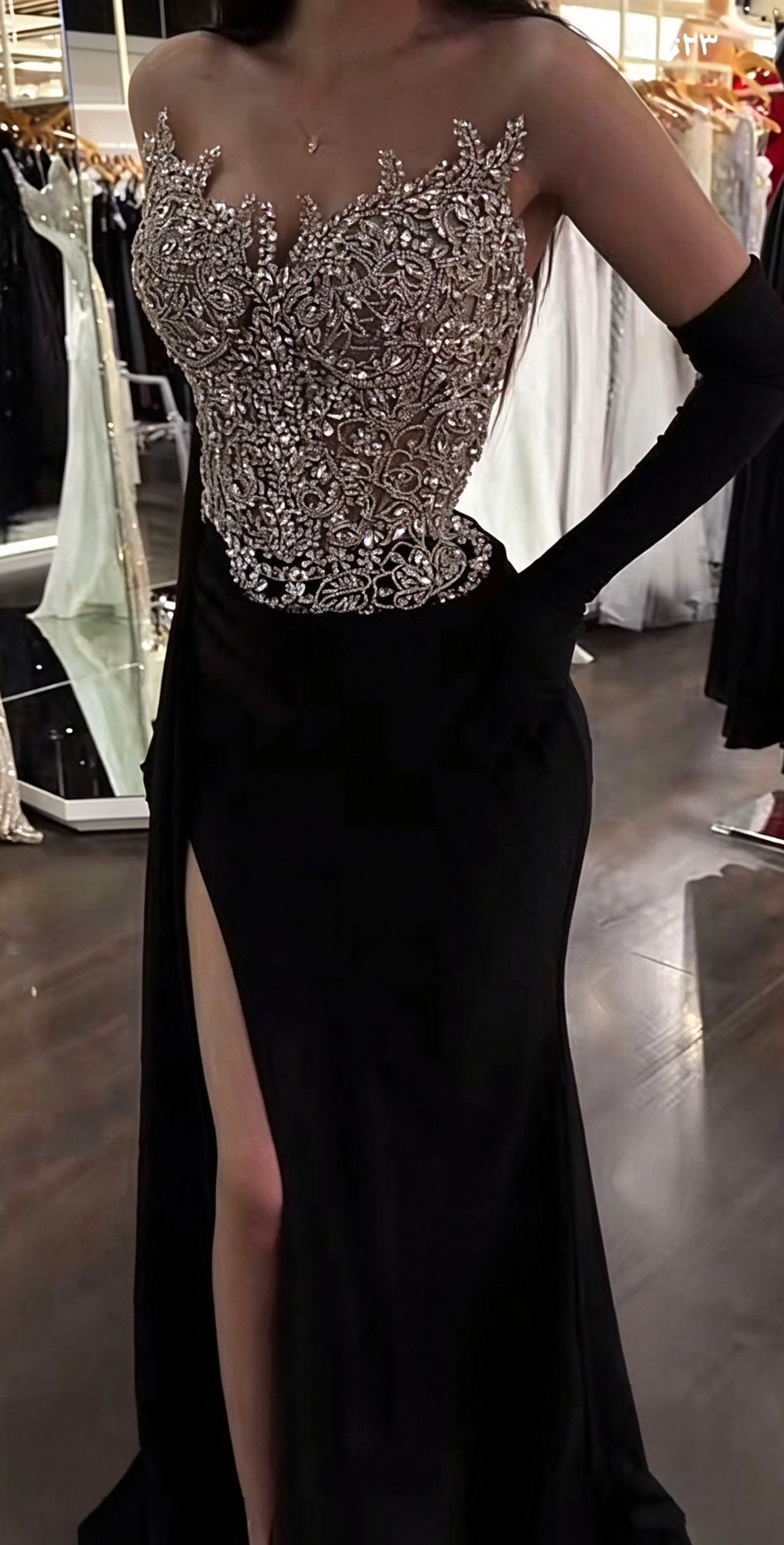 Sparkly Strapless Satin Beaded Mermaid Evening Dress Black Slit Long Party Dress With Gloves D5155