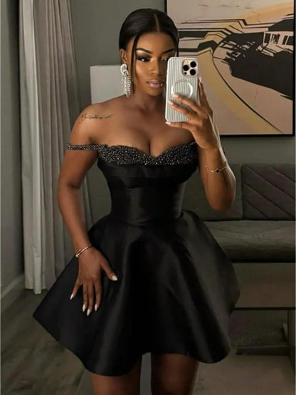 Gorgeous Spaghetti Strap Black Satin Beaded Short Homecoming Dress Cocktail Dress D4659