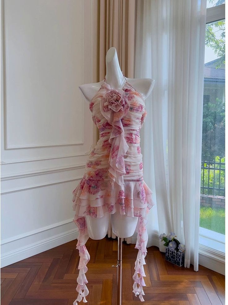 Pretty Sheath Halter Floral Chiffon Short Homecoming Dress Birthday Outfits S662