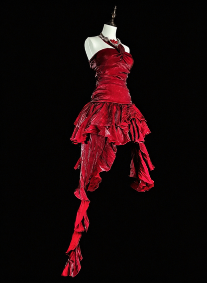 Sexy Halter Red Satin Ruffle A Line Short Birthday Dress,Formal Graduation Homecoming Dress D4040