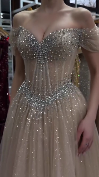 Elegant Champagne Tulle Sequin Beaded A Line Long Party Dress Off The Shoulder Long Birthday Evening Dress D4633