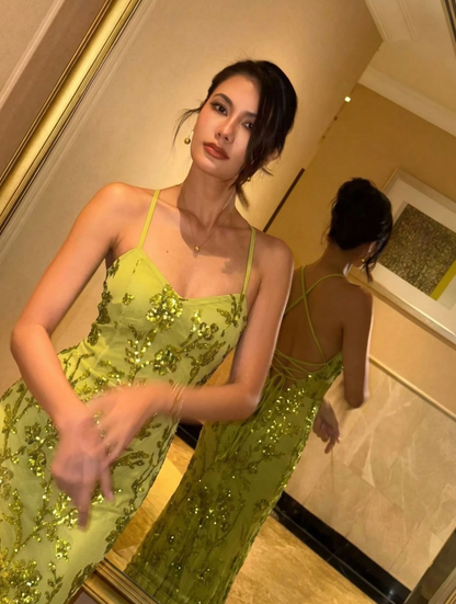 Elegant Spaghetti Straps Green Tulle Sequin Floral Mermaid Long Evening Dress Birthday Party Dress D4724