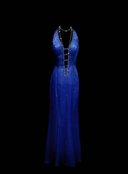 Sexy Halter Royal Blue Satin Beaded Long Evening Dresses Long Mermaid Party Dress D4512