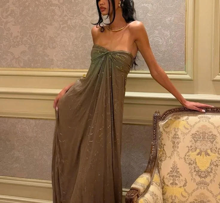 Vintage Matcha Green Strapless Satin Sequin Mermaid Evening Dress Long Birthday Party Gown D1389