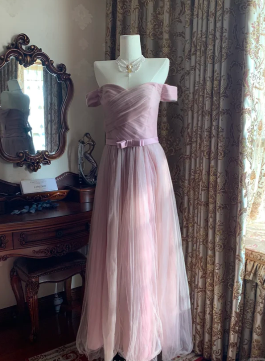 Sweet Pink Off The Shoulder Tulle A Line Long Birthday Party Dress Formal Wedding Guest Dress D1712