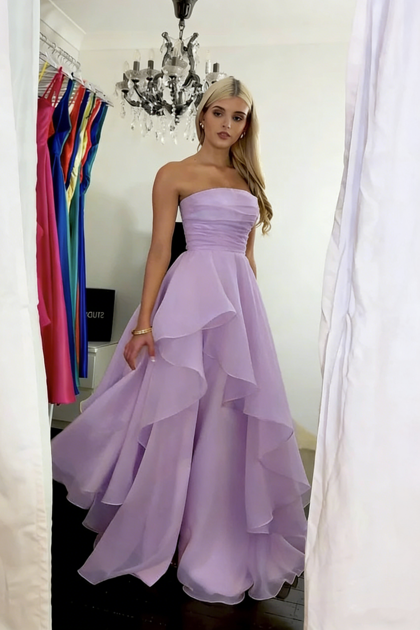 Classy Strapless Yellow Tulle Slit Long Prom Dress Formal Birthday Party Dress D1141