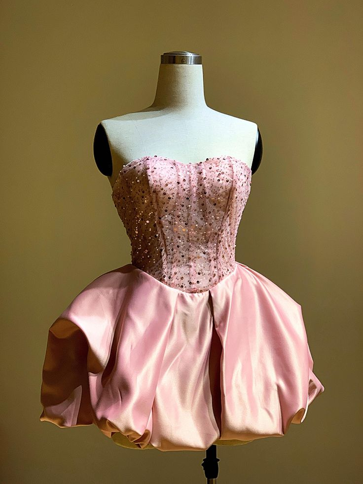 Pretty Strapless Hot Pink Satin Sequin A Line Short Homecoming Dress Formal 20th Birthday Outfits D773