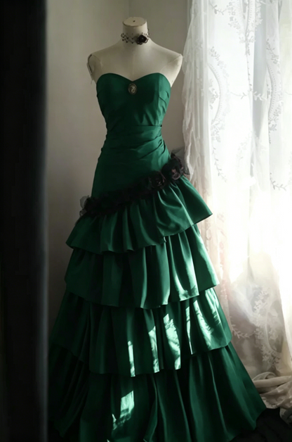 Vintage Red Strapless Satin Layered Mermaid Evening Dress Long Party Dress D2311