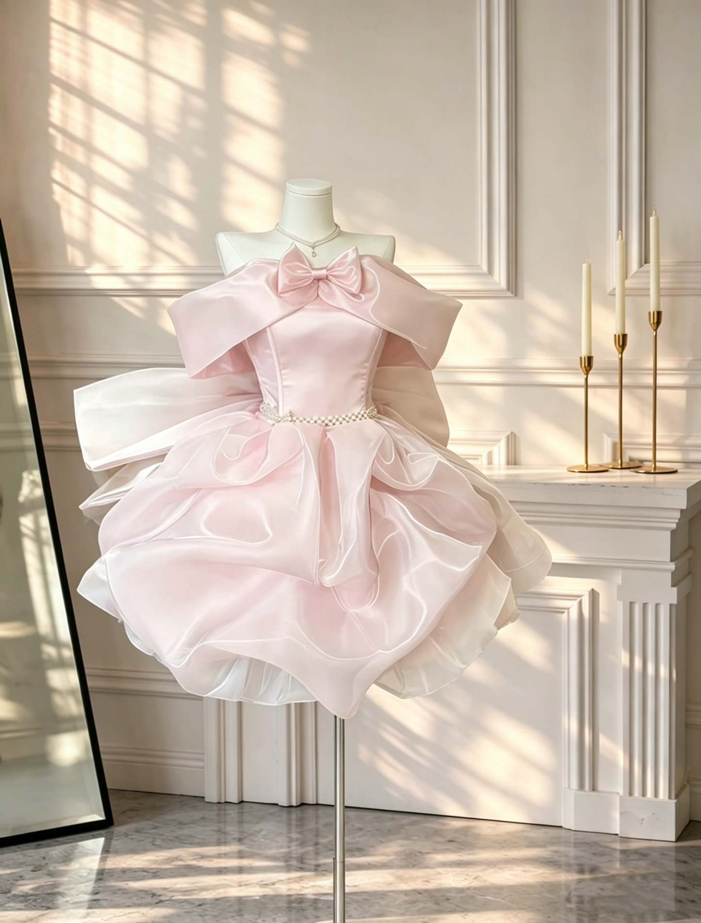 Charming Pink Organza Pleated Short 17th Birthday Outfits Bow Off The Shoulder Short Party Dress D2656