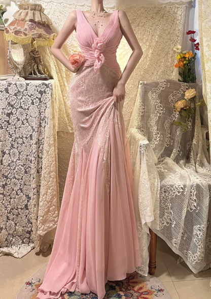 Classy V Neck Pink Lace Chiffon Mermaid Long Wedding Guest Dress Formal Prom Dress Party Gown D2134