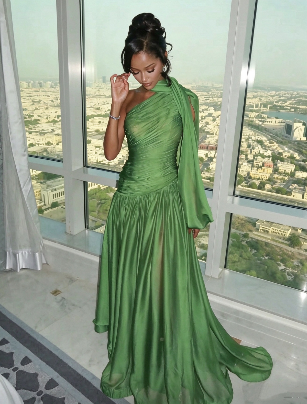 Stylish Green Chiffon Pleated Mermaid Long Party Dress One Shoulder Long Prom Dresses D5021