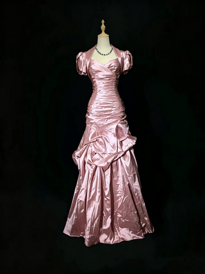 Vintage Blue Satin Pleated Mermaid Long Party Gown Formal Prom Dress D753