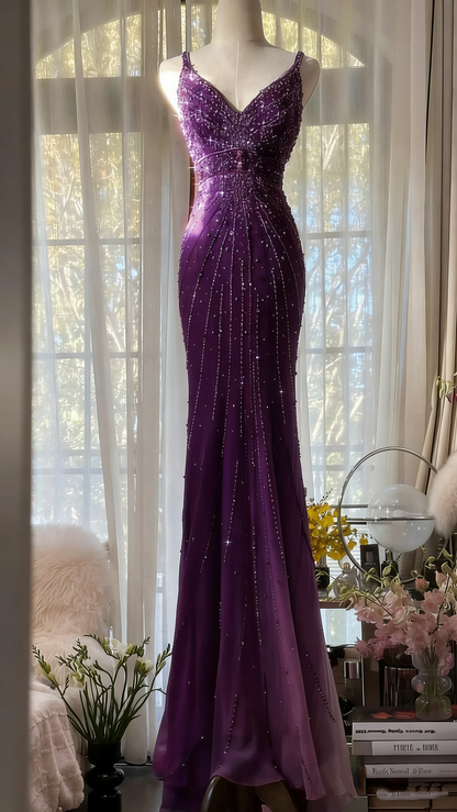 Gorgeous Spaghetti Straps Red Chiffon Beaded Mermaid Long Party Dress Evening Gown D1571