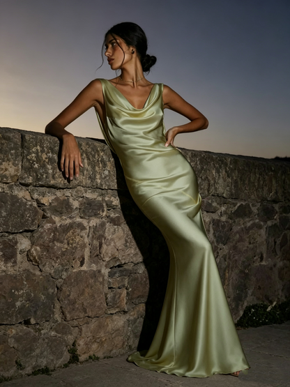 Sexy Green Sleeveless Satin Backless Mermaid Evening Dress Long Party Gown Bridesmaid Dress D1464
