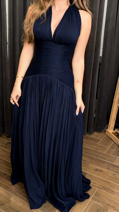 Elegant Blue Halter V Neck Chiffon Pleated Mermaid Evening Dress Long Wedding Guest Dress D1361
