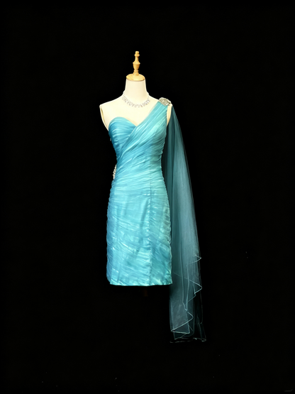 Elegant One Shoulder Blue Tulle Pleated Beaded Sheath Short 7th Grade Homecoming Dress,Mini Birthday Dress D3249