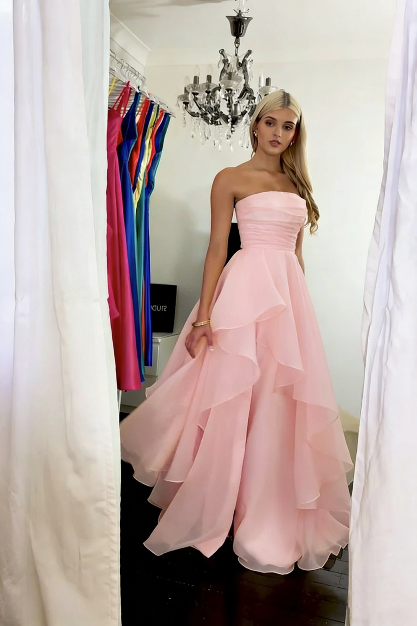 Classy Strapless Yellow Tulle Slit Long Prom Dress Formal Birthday Party Dress D1141