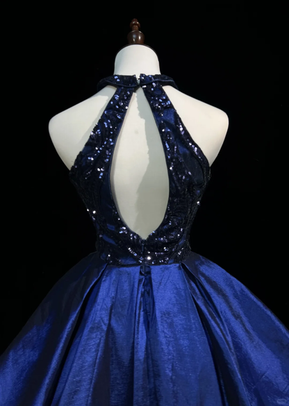 Fashion Halter Navy Blue Satin Sequin A Line Short Homecoming Dress Birthday Outfits D3355