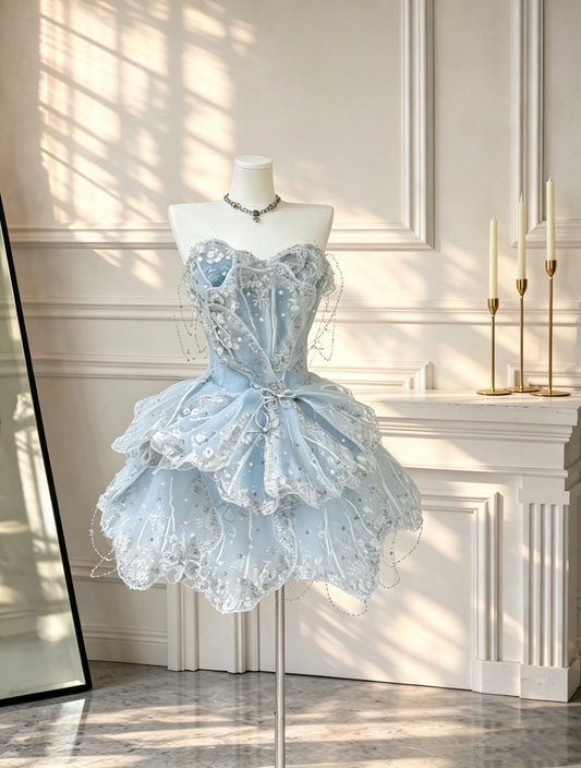 Charming Blue Birthday Outfits Strapless Tulle Fairy Short 9th Grade Homecoming Dress D2543
