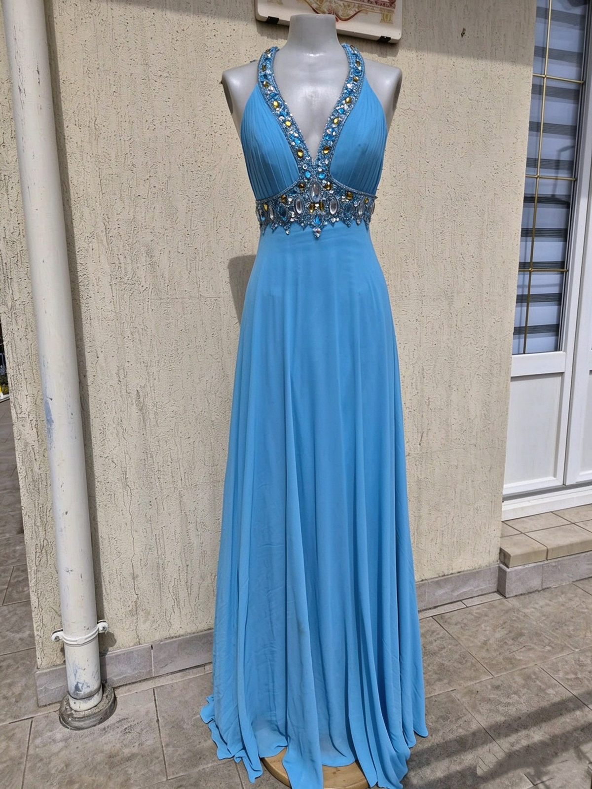 Elegant Halter V Neck Chiffon Beaded Long Party Dress Blue Long Prom Gown D4952