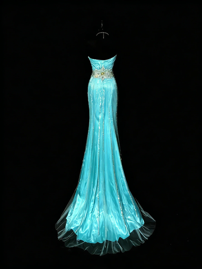 Gorgeous Sweetheart Neck Satin Tulle Beaded Long Prom Gown Blue Mermaid Long Evening Dress D4895