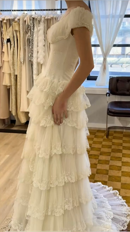Princess White Tulle Lace Layered Long Wedding Dress D5251