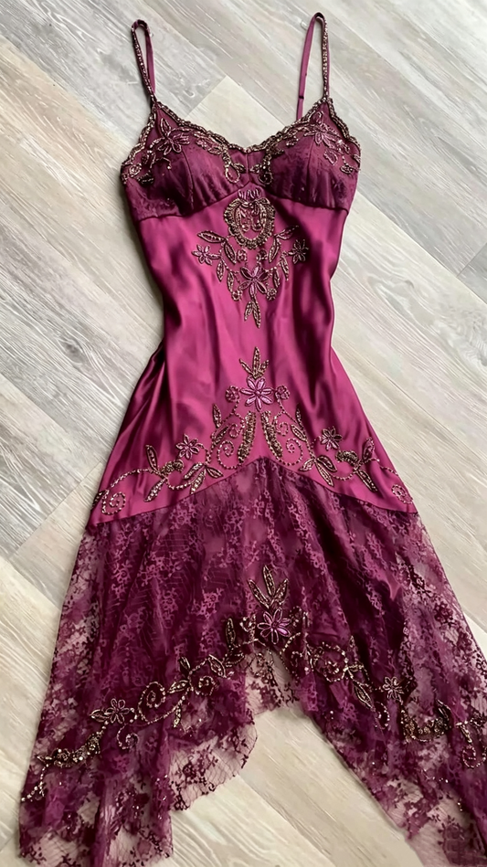 Vintage Grape Purple Satin Lace Beaded Mermaid Evening Dress,Spaghetti Straps V Neck Long Prom Dress D3476