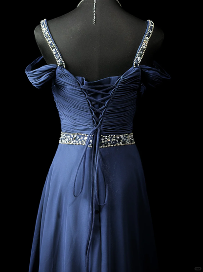 Elegant Off The Shouler Navy Blue Chiffon Beaded A  Line Long Party Dress Evening Dress D2511