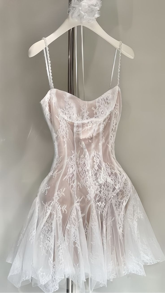 Elegant Spaghetti Straps Tulle Lace A Line Short Prom Dress Formal Homecoming Dress D389