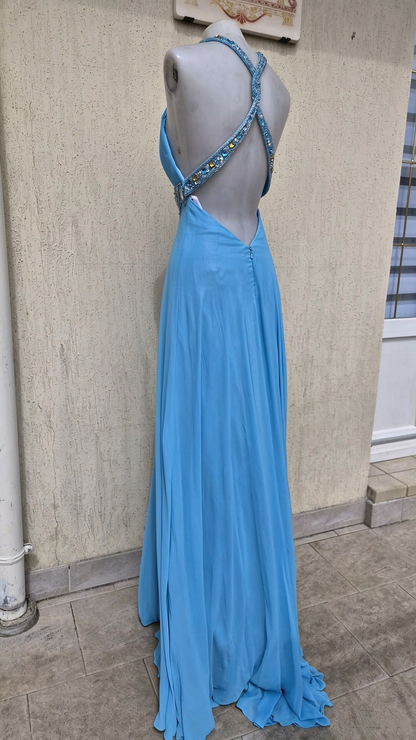 Elegant Halter V Neck Chiffon Beaded Long Party Dress Blue Long Prom Gown D4952