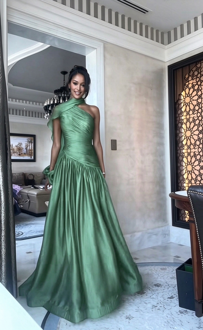 Stylish Green Chiffon Pleated Mermaid Long Party Dress One Shoulder Long Prom Dresses D5021