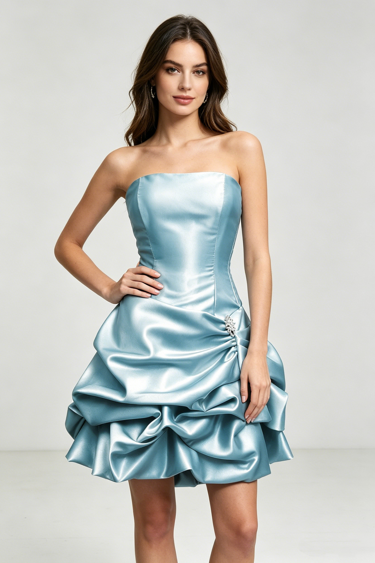 Sexy Strapless Light Blue Satin Pleated Short Graduation Homecoming Dress Birthday Outfits D3003