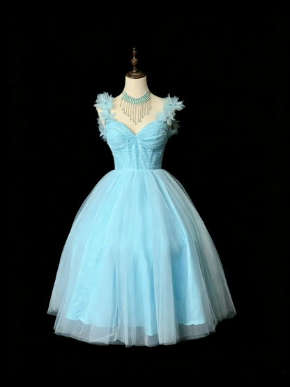Elegant Spaghetti Straps Blue Tulle A Line Short Graduation Homecoming Dress Birthday Outfits D3251