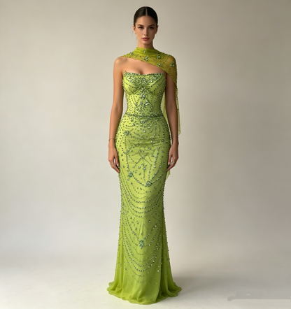 Gorgeous Green Strapless Tulle Beaded Mermaid Evening Dress Long Prom Gown D836