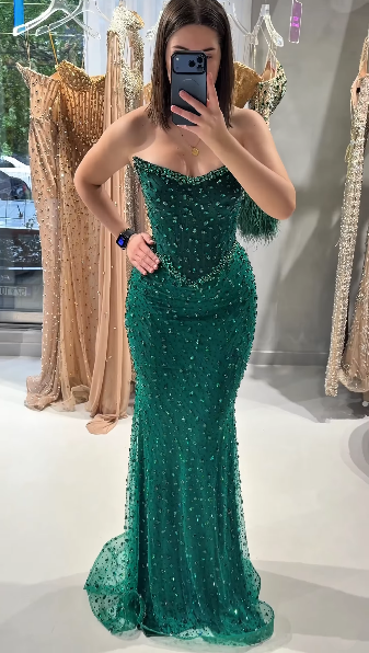 Luxurious Green Tulle Beaded Mermaid Party Dress Strapless Mermaid Long Evening Dress D5250