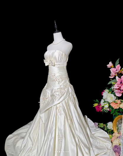 Charming Strapless Ivory Beaded Satin Pleated Mermaid Long Evening Dress Formal Birthday Prom Gowns D2366
