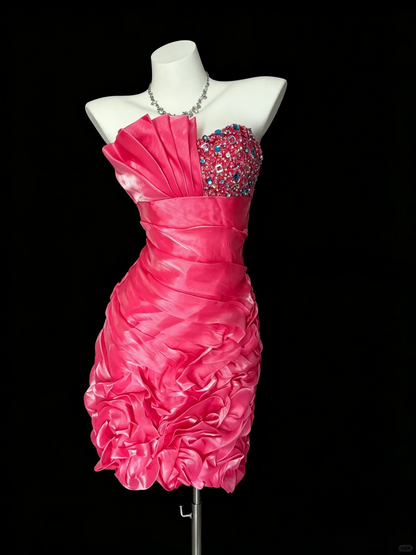 Stylish Pink Satin Pleated Beaded Short Homecoming Dress Strapless Sheath Short Cocktail Dress D5265