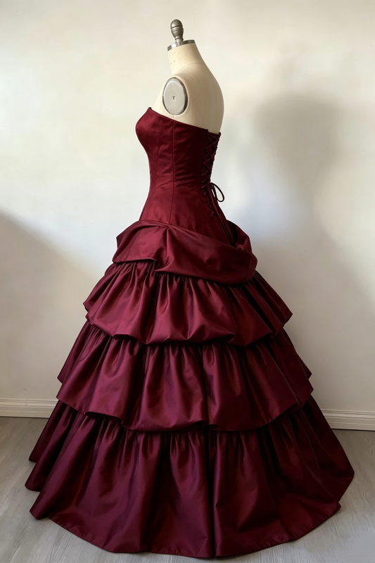 Fashion Strapless Ball Gown Burgundy Satin Layered Long Party Dress Evening Gown D1911