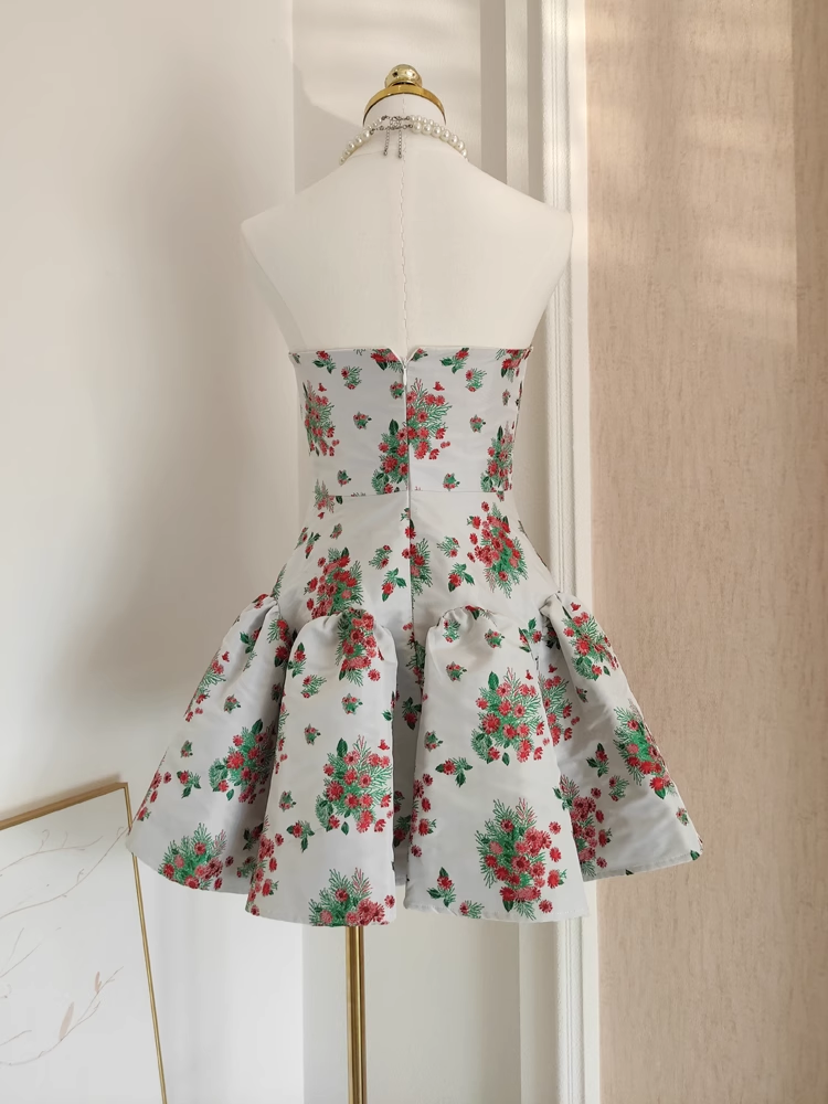 Cute A line Strapless Sleeveless Red Floral Party Dress Short Birthday Dresses SD352